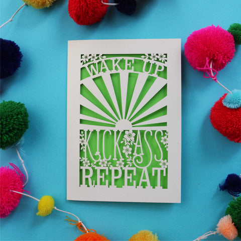 A laser cut motivational greetings card that says "Wake up, Kick ass, repeat" - A6 (small) / Bright Green