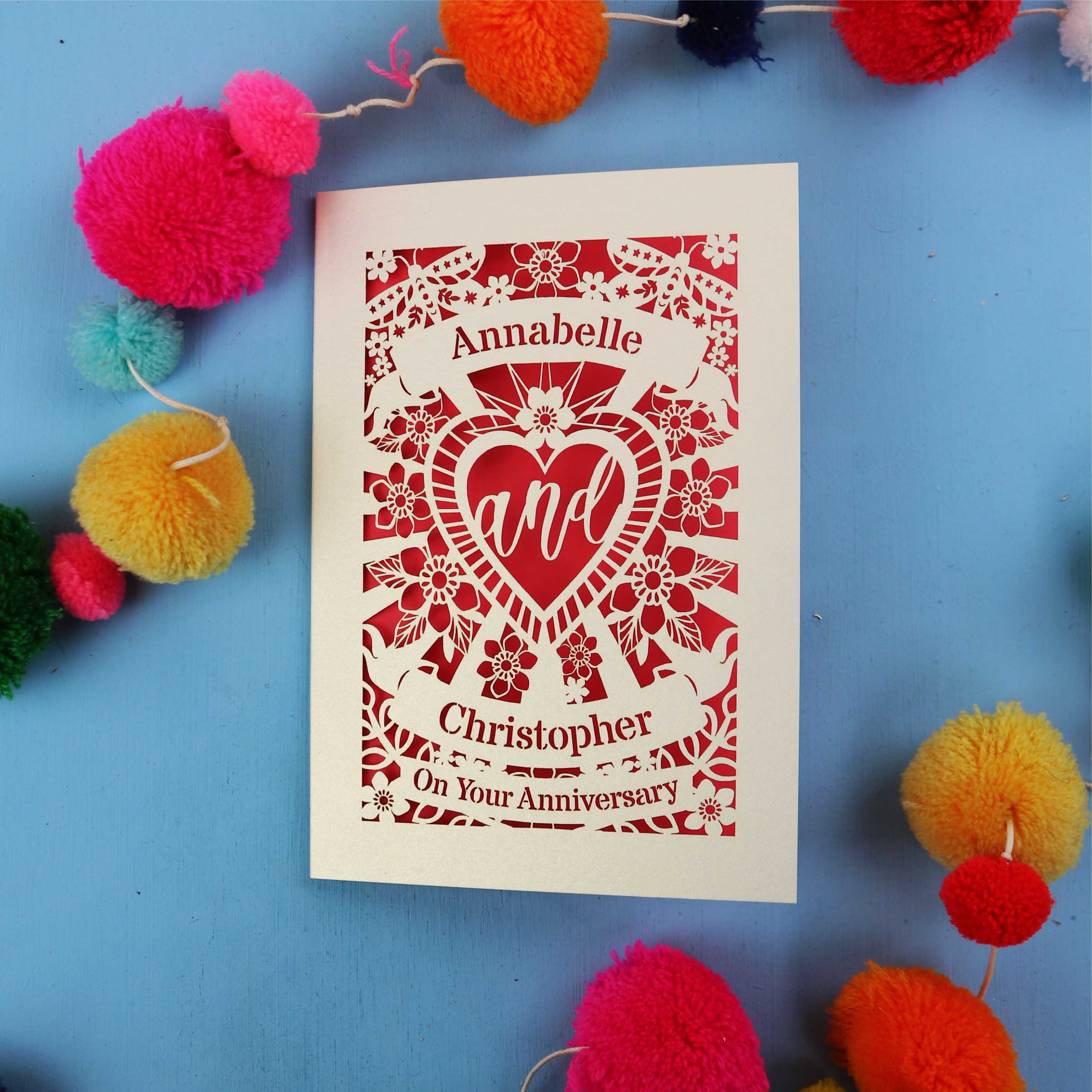 Personalised keepsake anniversary card with decorative elements on a blue background