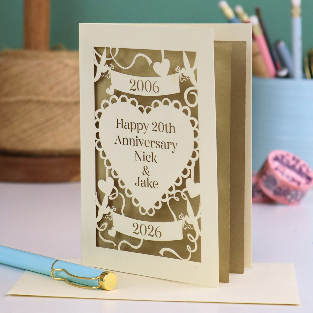 Personalized 20th anniversary card with decorative elements on a table.