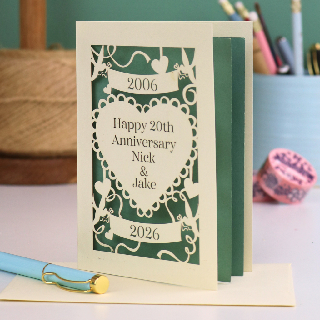 Personalized 20th anniversary card with decorative elements on a table.