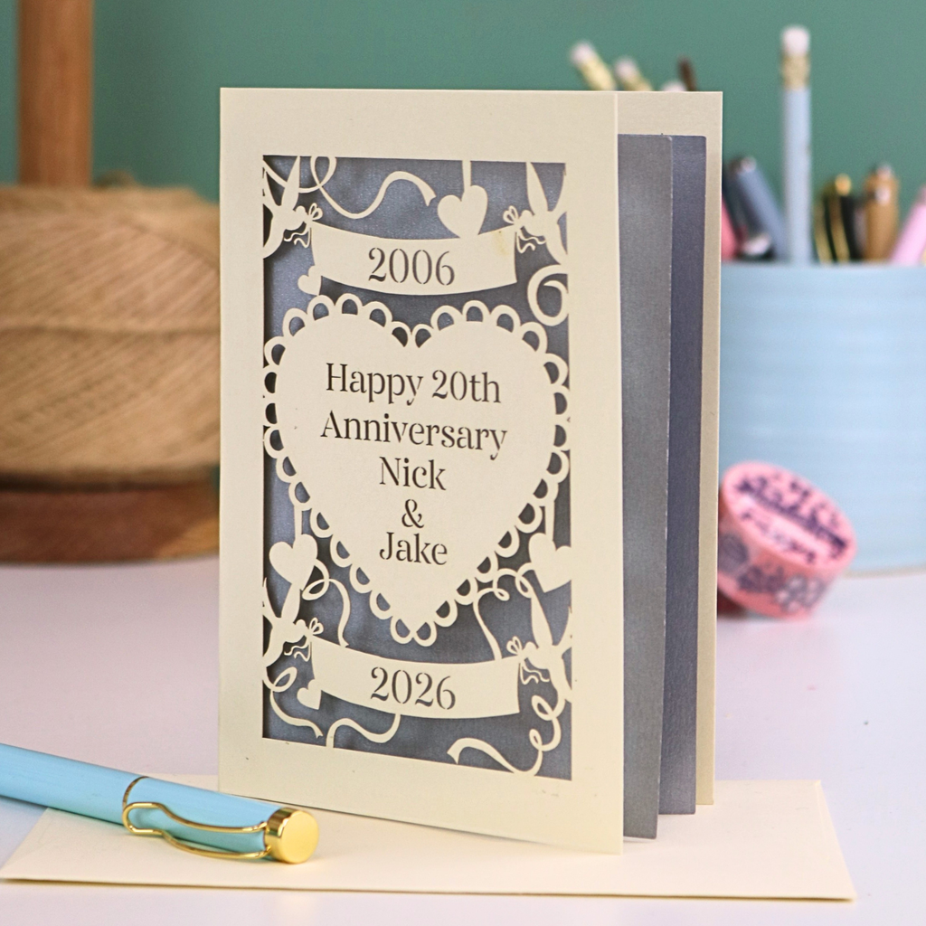 Personalized 20th anniversary card with decorative elements on a table.