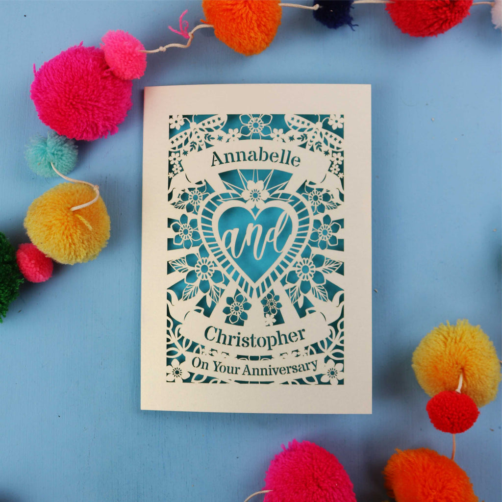 Personalised anniversary card with decorative elements on a blue background