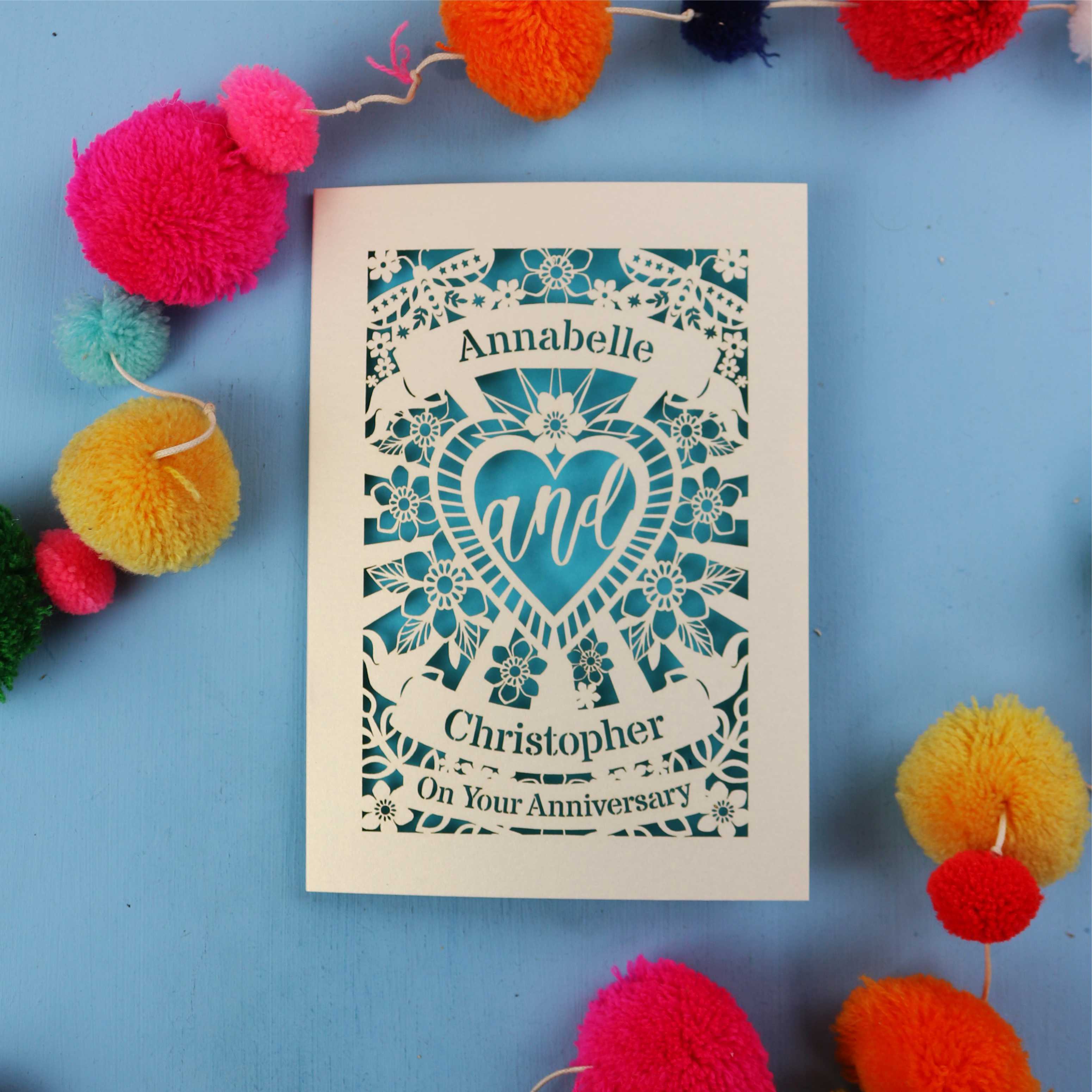 Personalised anniversary card with decorative elements on a blue background