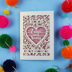 Personalised luxury Wedding card with personalized message on a blue background with colourful pom-poms