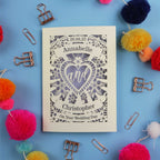Personalized wedding card with decorative elements on a blue background