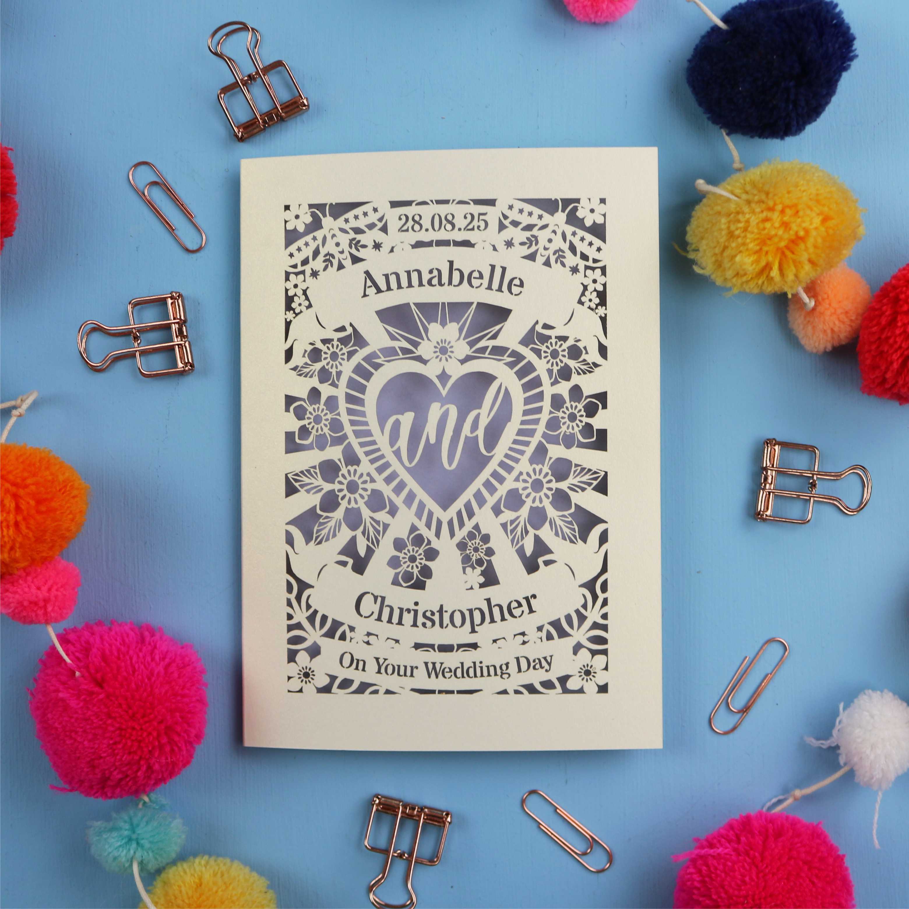 Personalized wedding card with decorative elements on a blue background