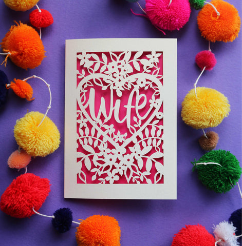 Wife papercut Valentines card - A5 (large) / Shocking Pink