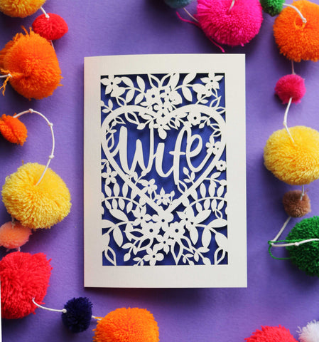 A card with cut out details to show the word "wife" - A5 (large) / Violet