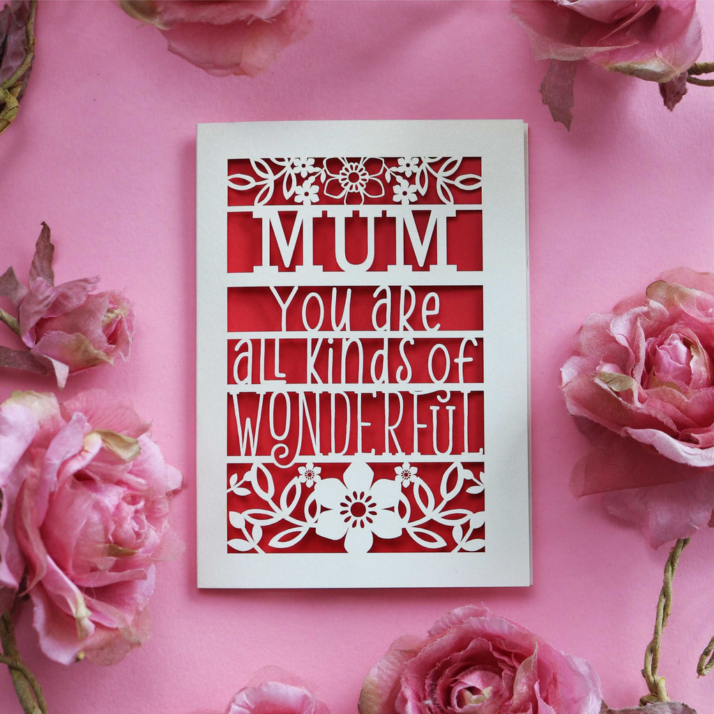 Personalised laser cut mothers day card that says "Name, you're all kinds of wonderful"