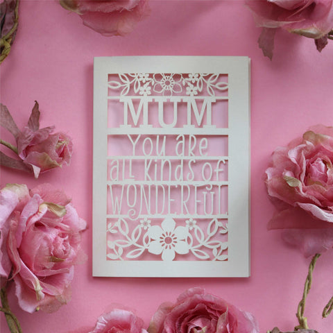 A personalised cut out mothers day card that says "Name, you're all kinds of wonderful" - A6 (small) / Candy Pink