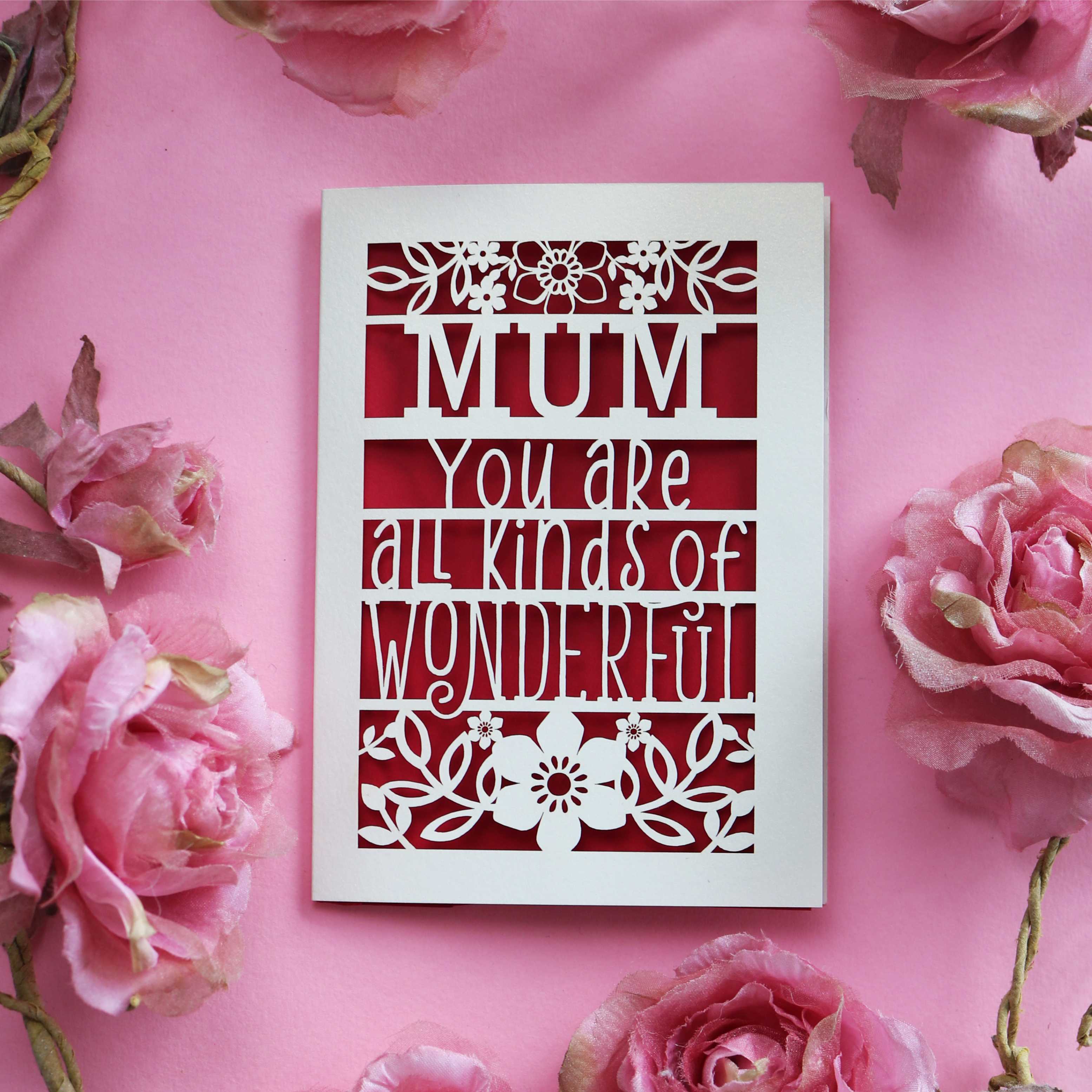 Personalised laser cut celebration card that says "Name, you're all kinds of wonderful"