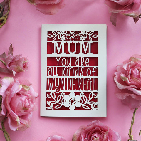 Personalised laser cut celebration card that says "Name, you're all kinds of wonderful" - A6 (small) / Dark Red