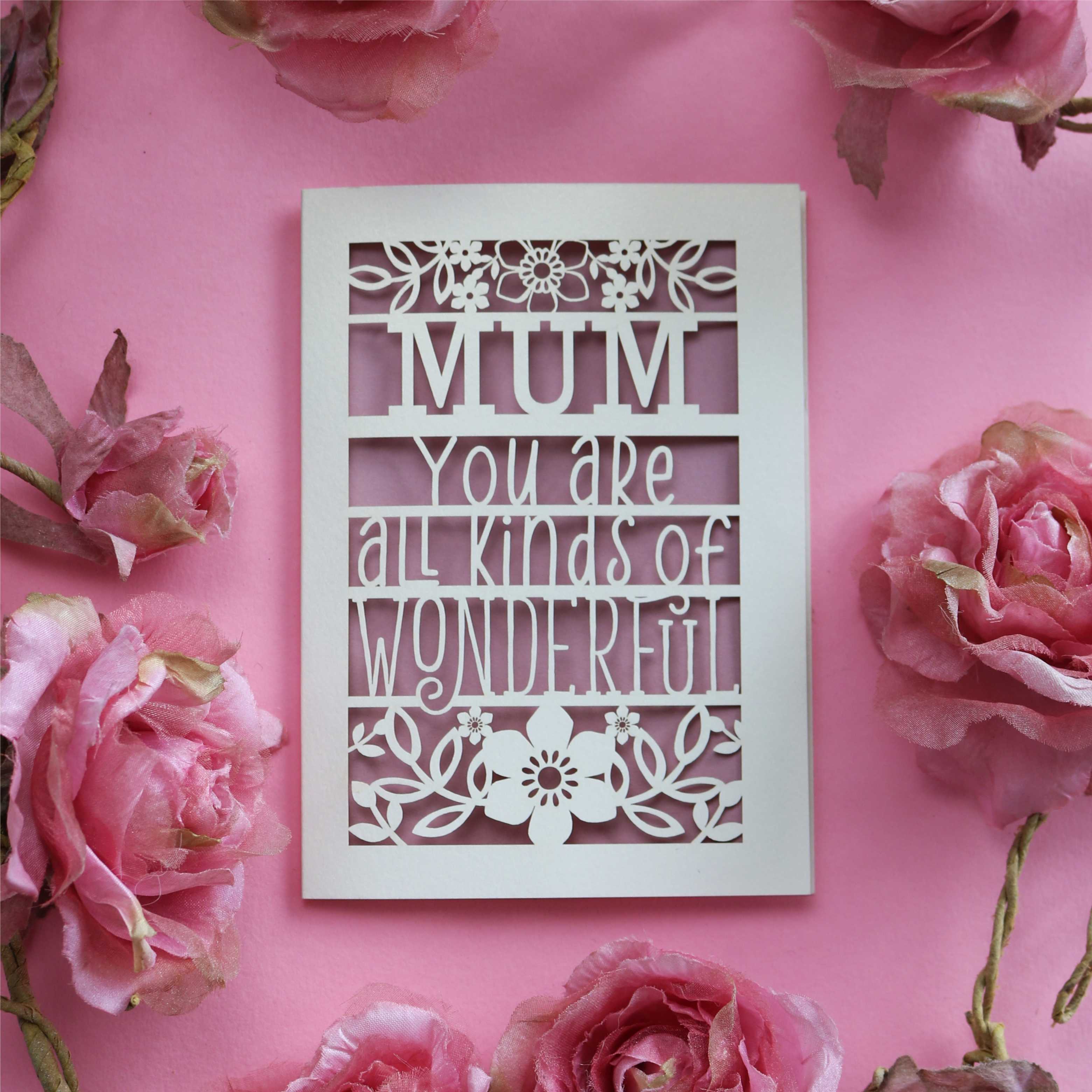 Personalised laser cut congratulations card that says "Name, you're all kinds of wonderful"