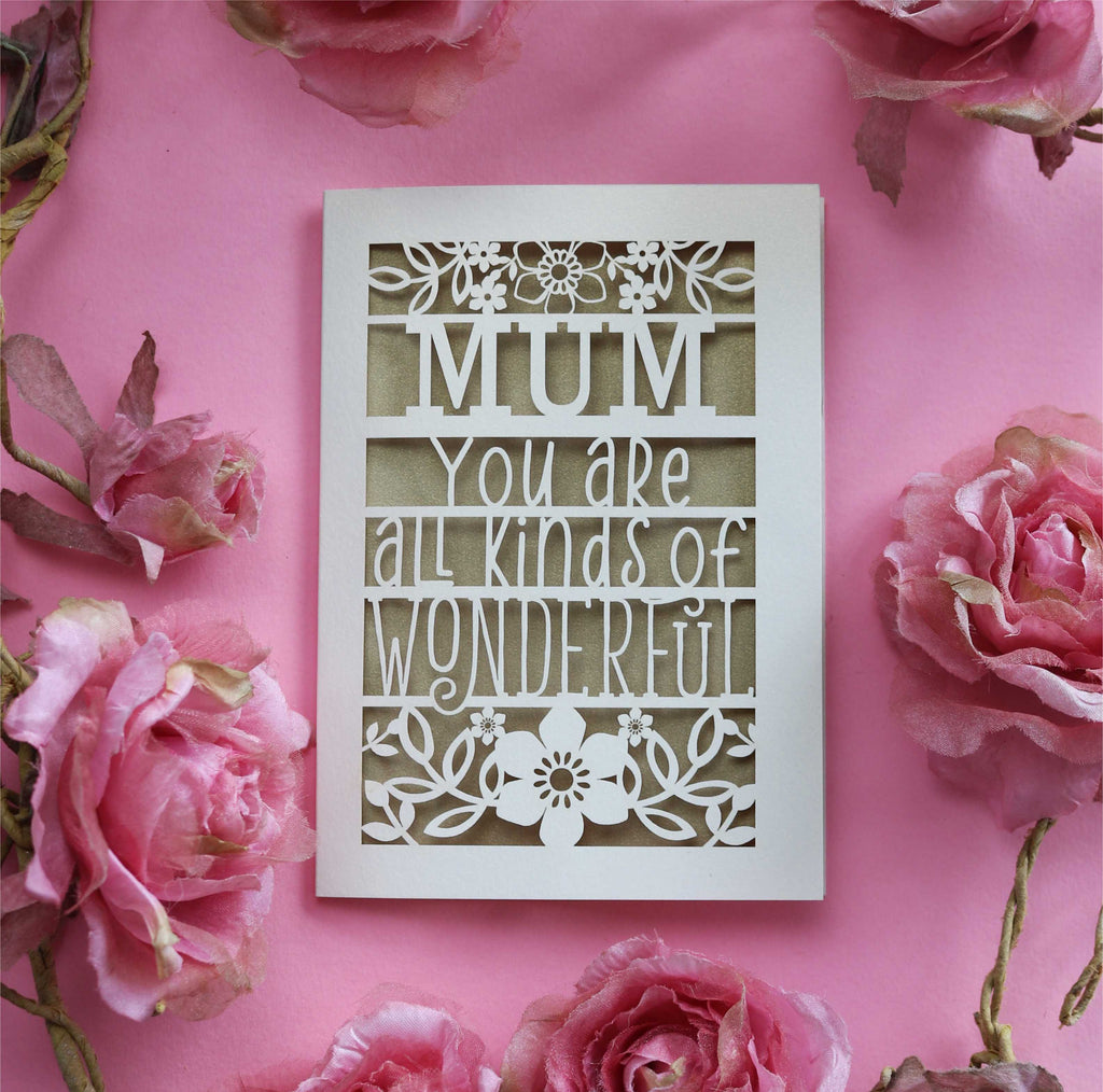 Personalised laser cut Mother's Day card that says "Name, you're all kinds of wonderful"