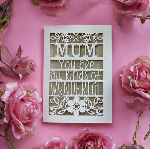 Personalised laser cut Mother's Day card that says "Name, you're all kinds of wonderful" - A6 (small) / Gold Leaf