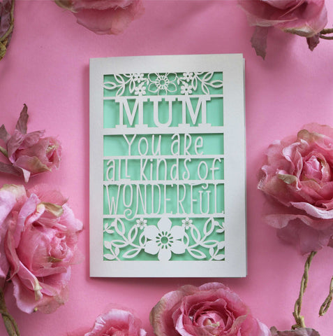 A personalised laser cut card that says "Name, you're all kinds of wonderful" - A6 (small) / Light Green