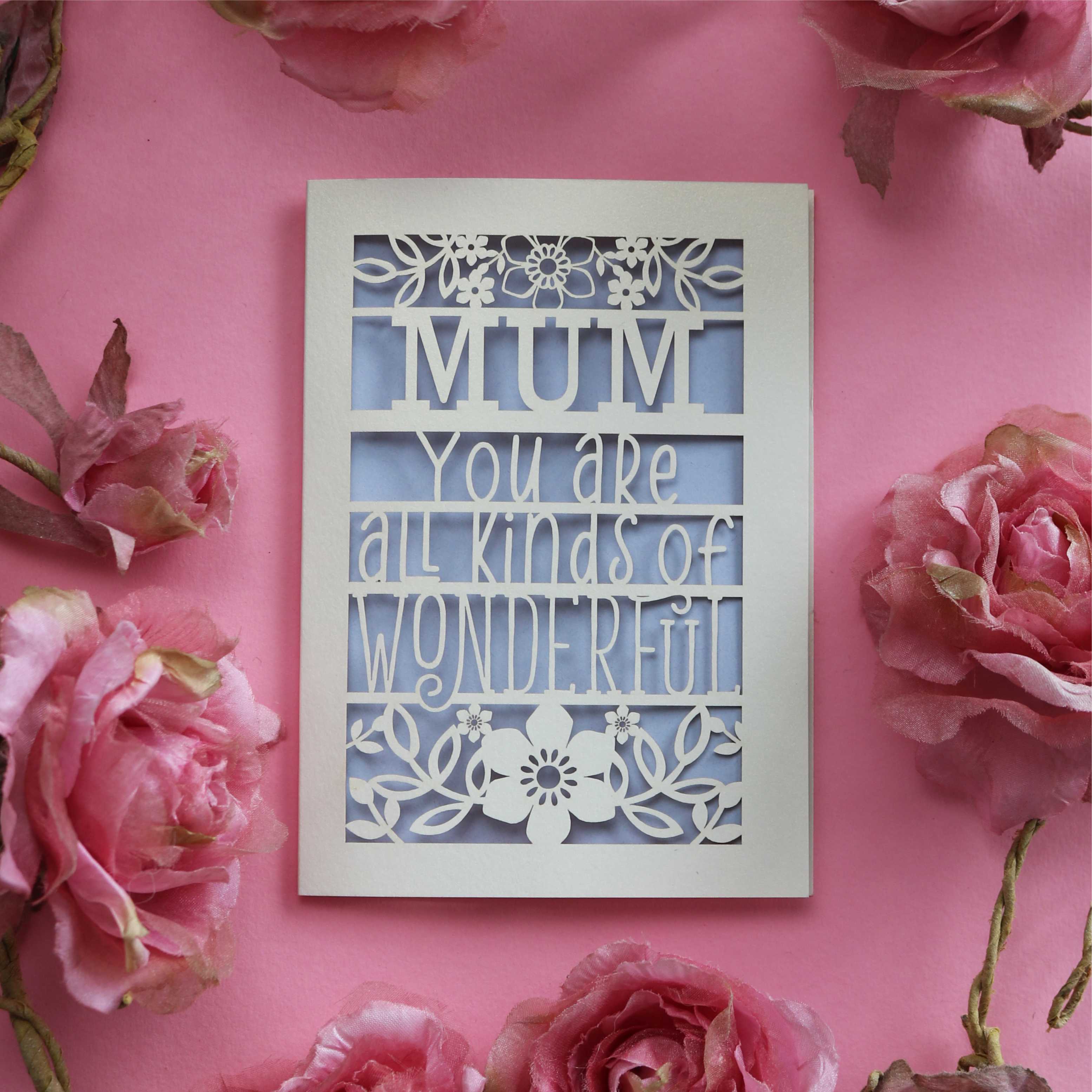 Personalised laser cut mothering Sunday day card that says "Name, you're all kinds of wonderful"