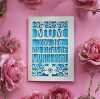 Personalised laser cut mothers day cards that says "Name, you're all kinds of wonderful"