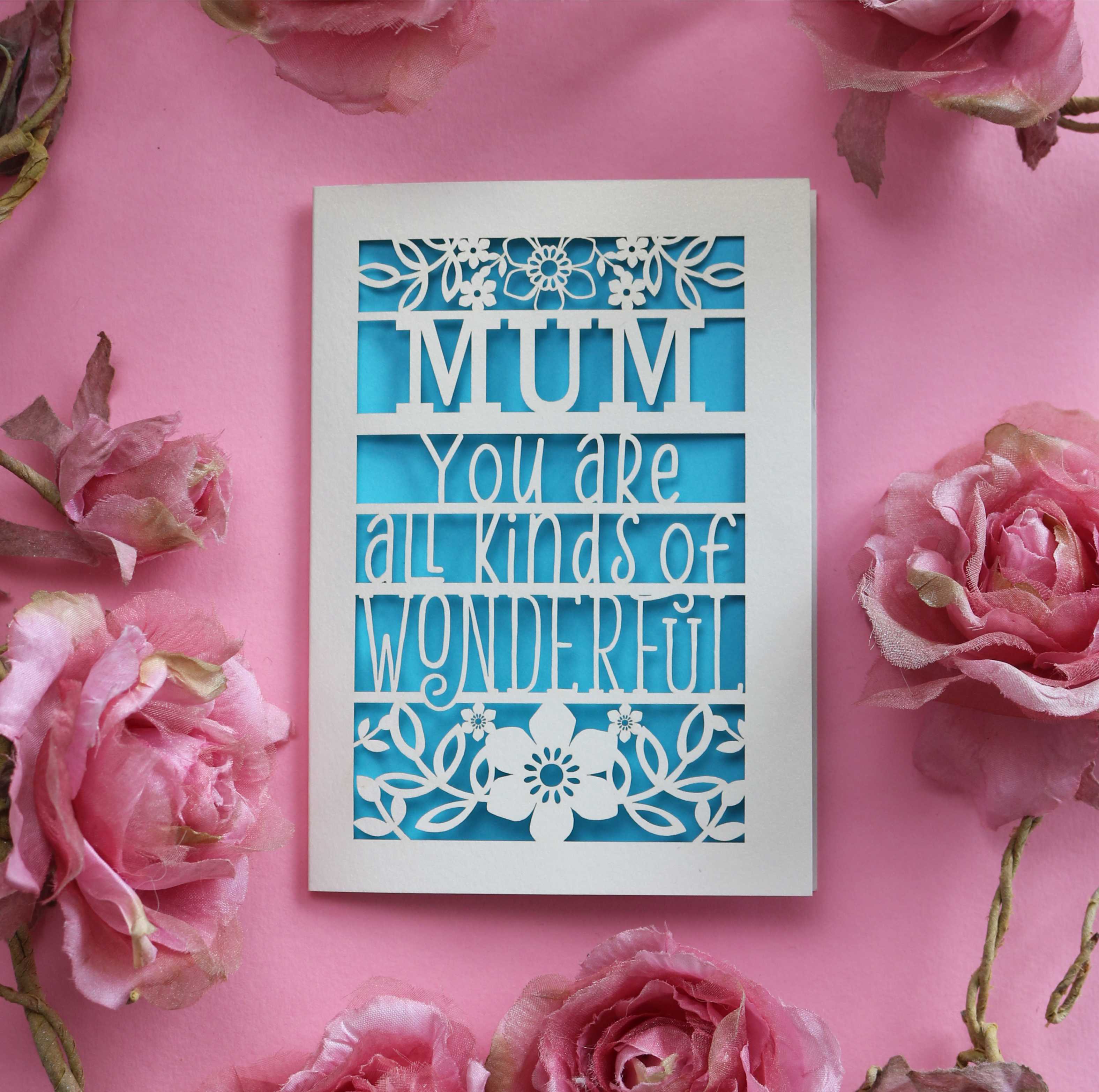 Personalised laser cut mothers day cards that says "Name, you're all kinds of wonderful"