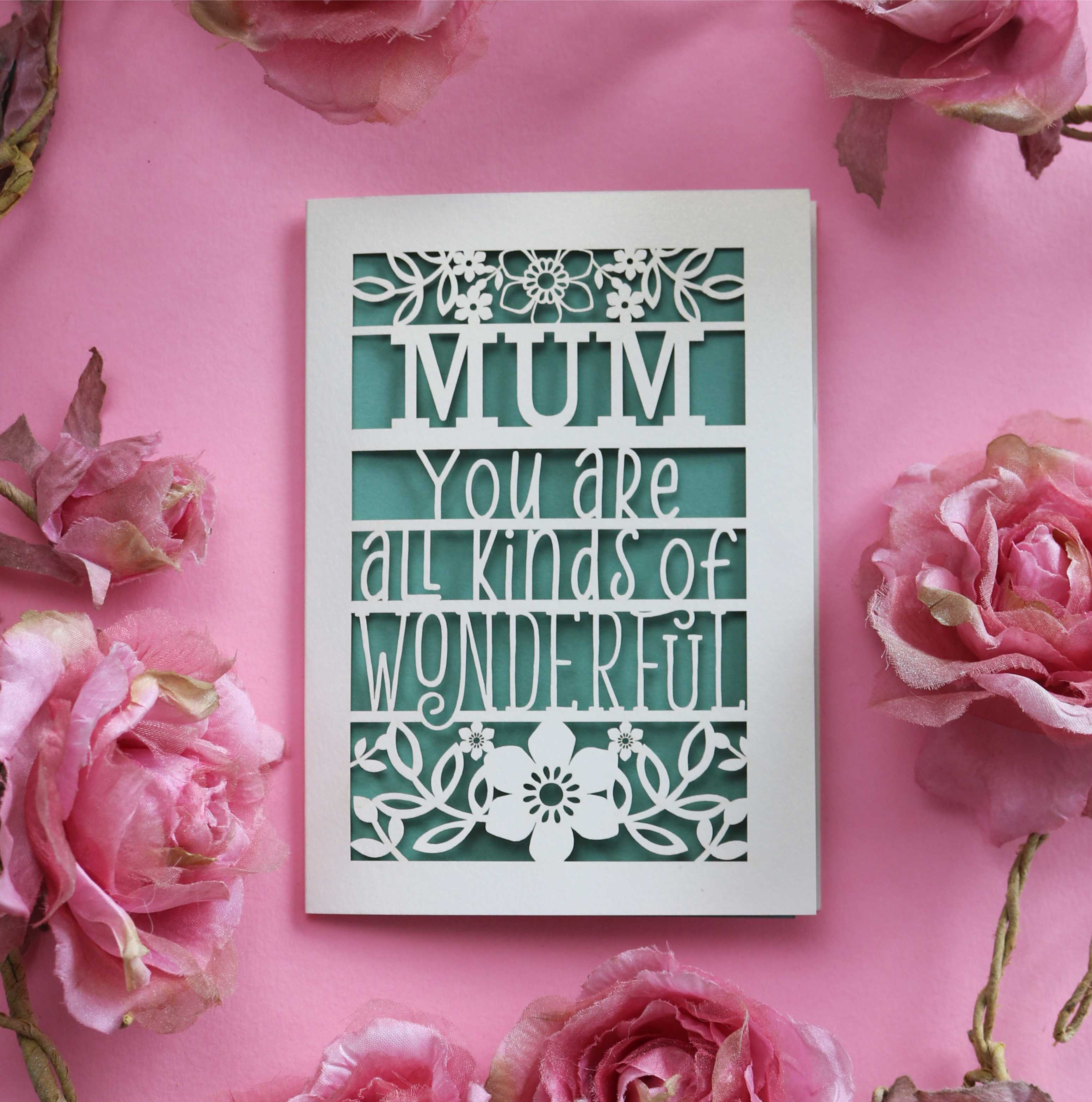 Personalised laser cut greeting cards that say "Name, you're all kinds of wonderful"