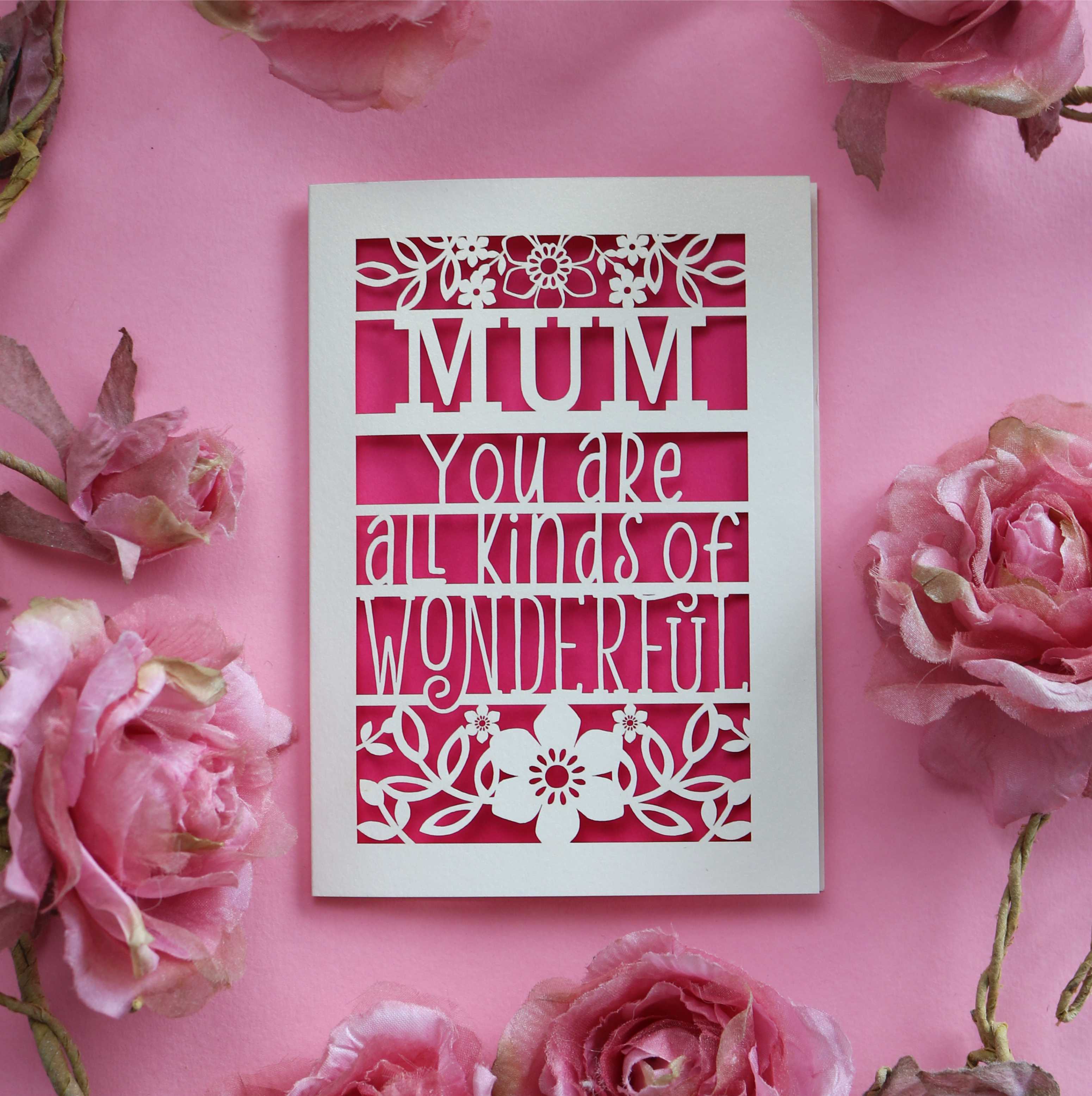 Personalised paper cut mothers day card that says "Name, you're all kinds of wonderful"