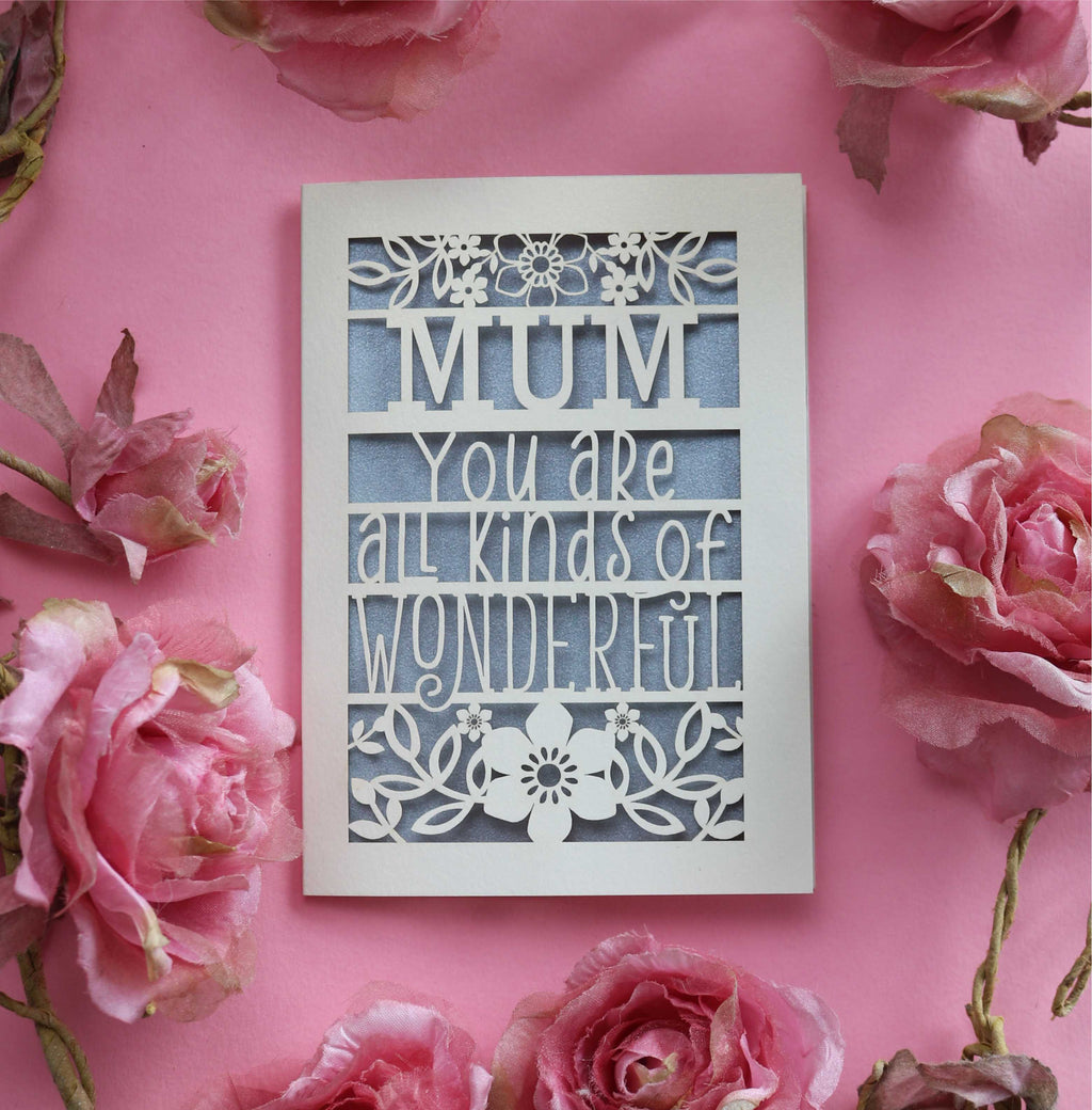 Personalised laser cut congrats card that says "Name, you're all kinds of wonderful"