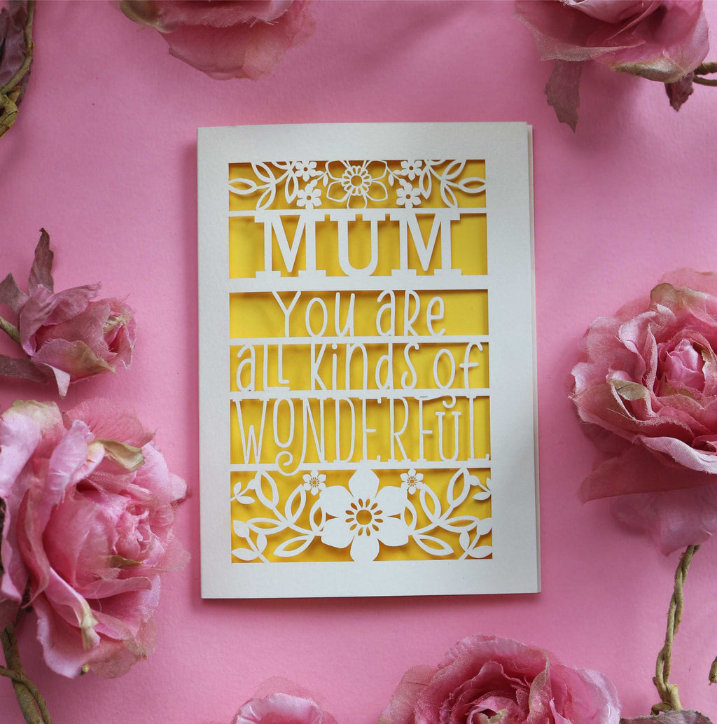 Personalised laser cut congratulations card that says "Name, you're all kinds of wonderful"