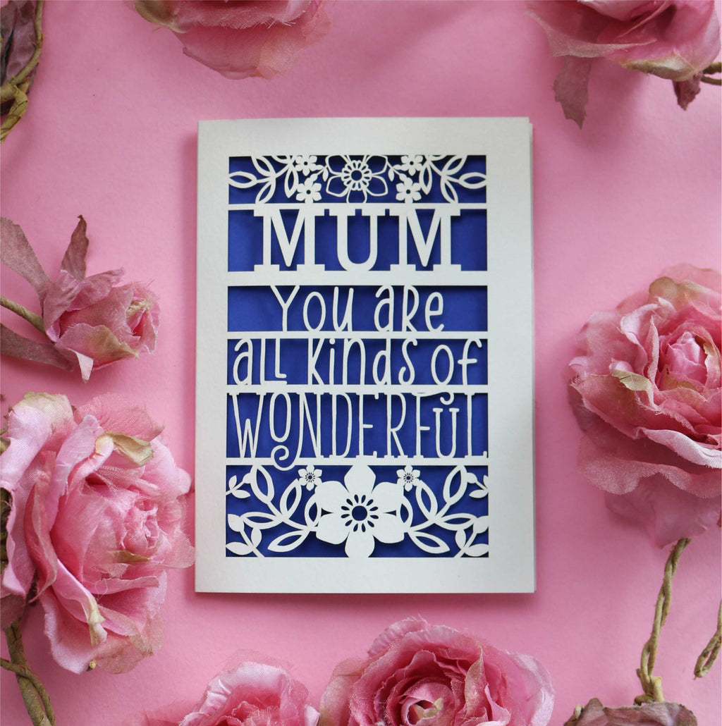 Personalised laser cut mothers day card that says "Name, you're all kinds of wonderful"