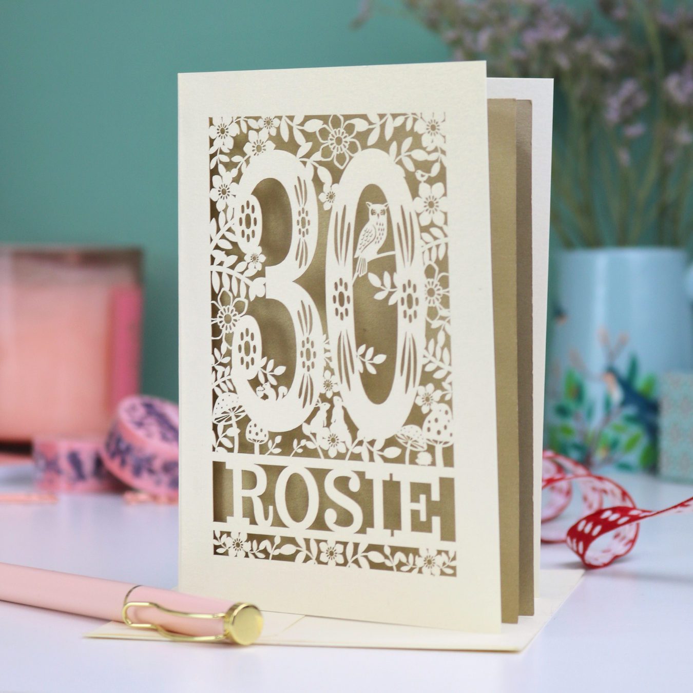 Laser cut personalised 30th birthday card with decorative woodland design and '30', personalised with the name ROSIE underneath