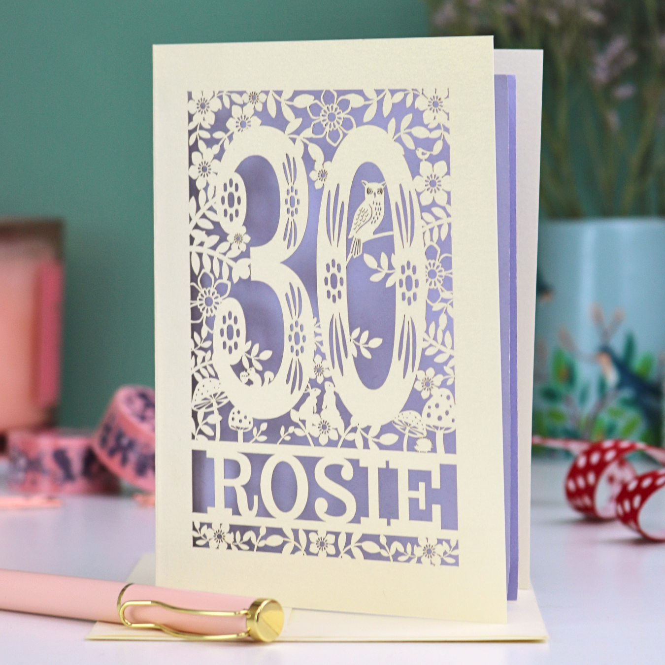 Decorative paper cut birthday card with floral and owl design, featuring the text '30 ROSIE'.