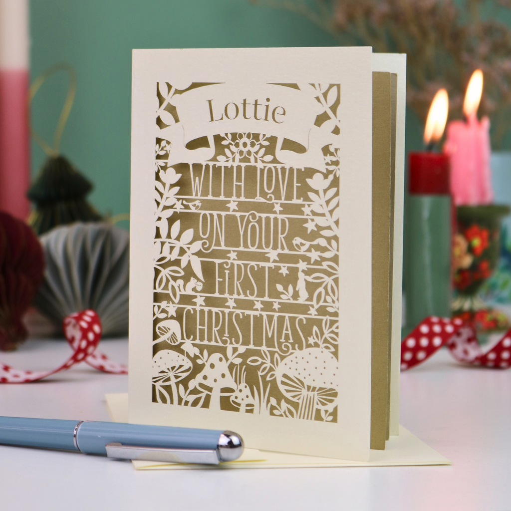 Personalised Woodland First Christmas Papercut Card