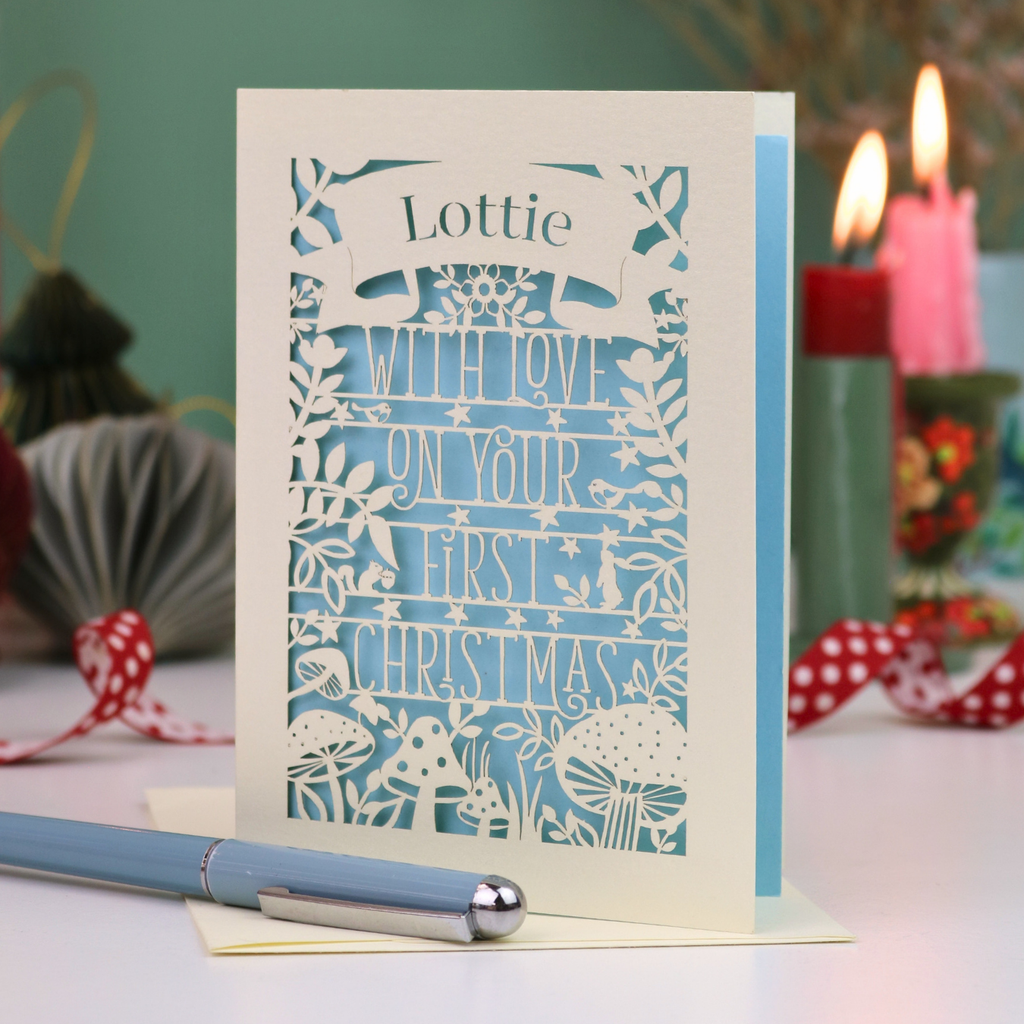 Personalised Woodland First Christmas Papercut Card