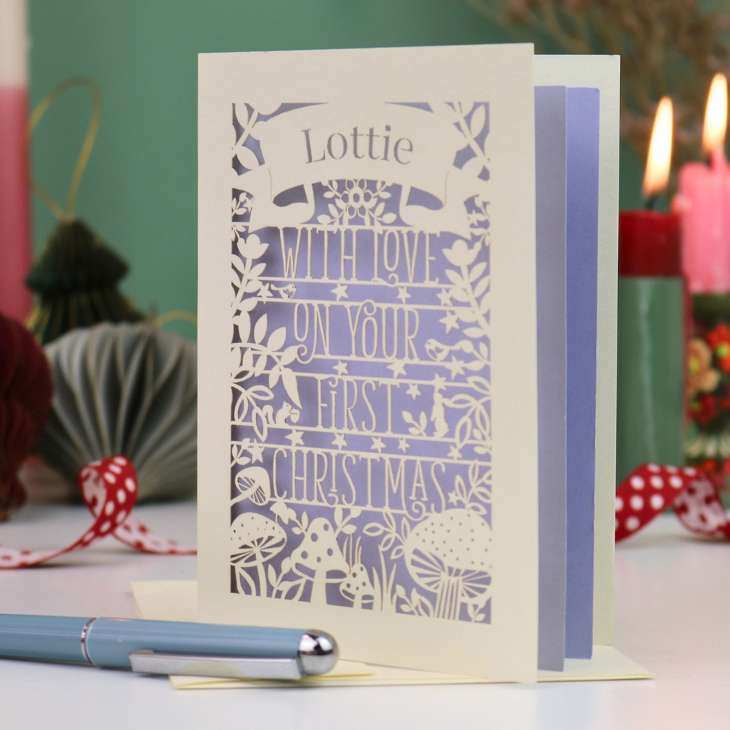 Personalised Woodland First Christmas Papercut Card