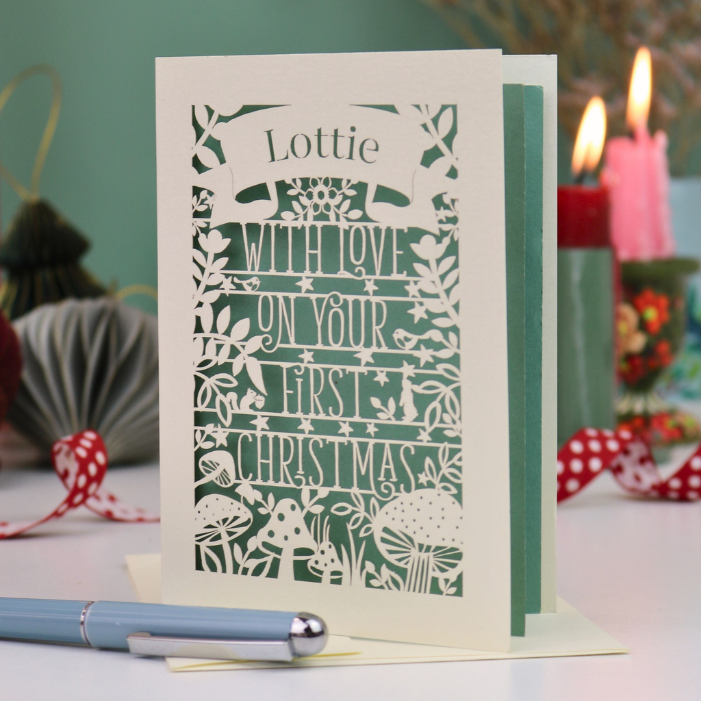 Personalised Woodland First Christmas Papercut Card