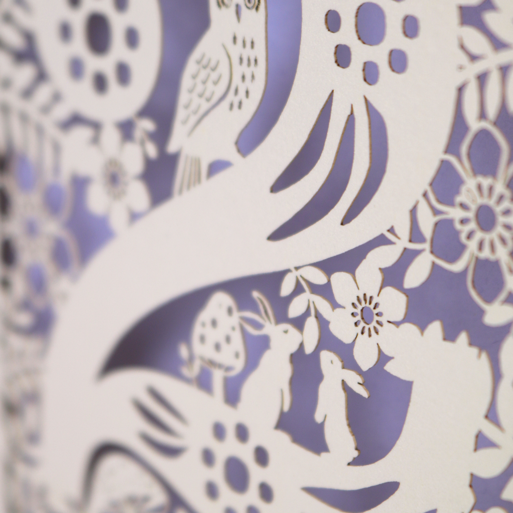 A laser cut 2nd birthday card with woodland design and decorative '2', personalised with a name. The card has tiny cut out woodland elements including bunnies, toadstools, squirrel and owl.