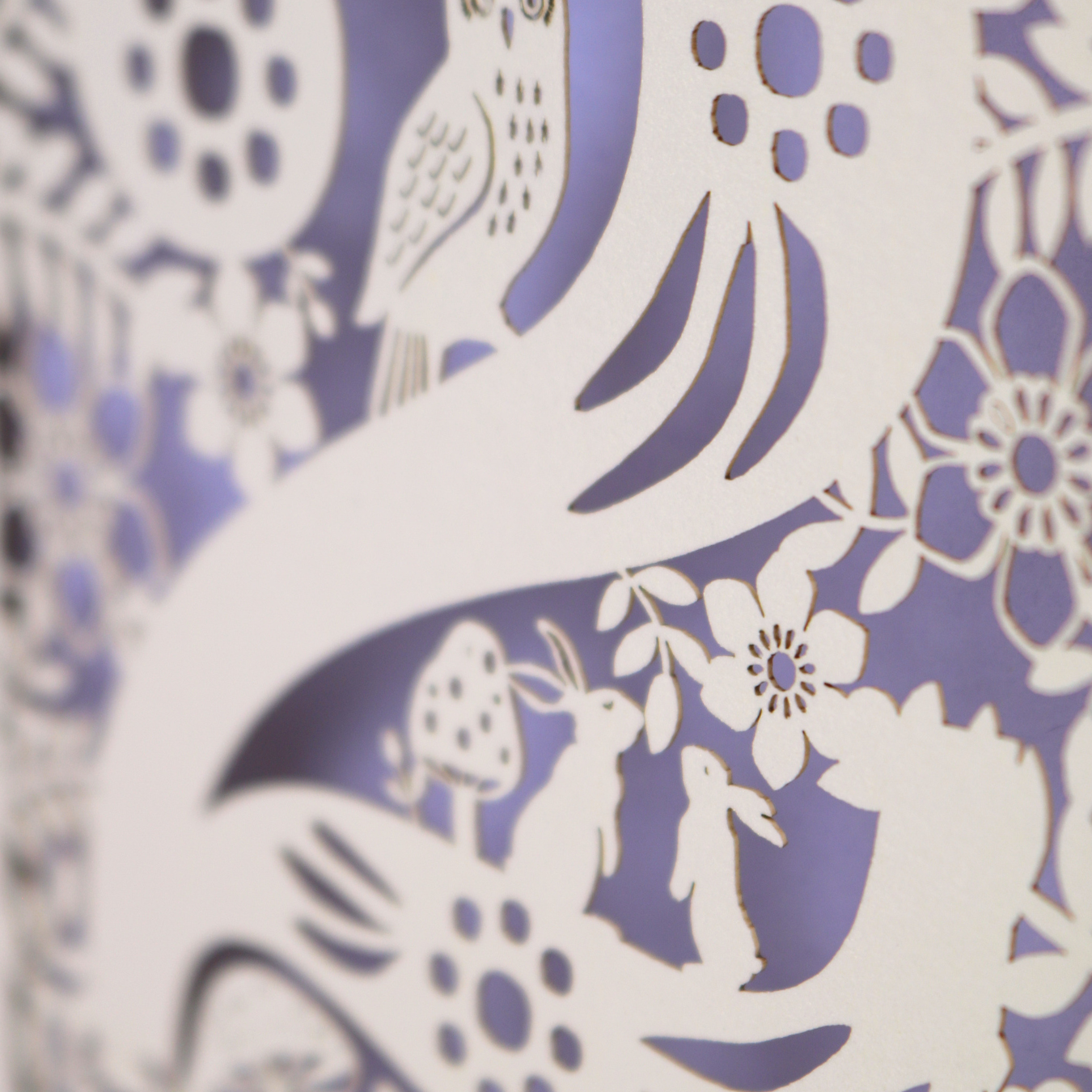 A laser cut 2nd birthday card with woodland design and decorative '2', personalised with a name. The card has tiny cut out woodland elements including bunnies, toadstools, squirrel and owl.