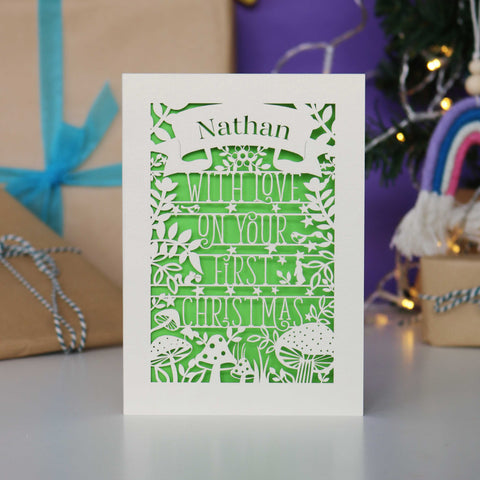 Personalised Woodland First Christmas Papercut Card - A6 (small) / Bright Green
