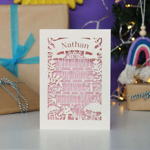 Personalised Woodland First Christmas Papercut Card - A6 (small) / Candy Pink