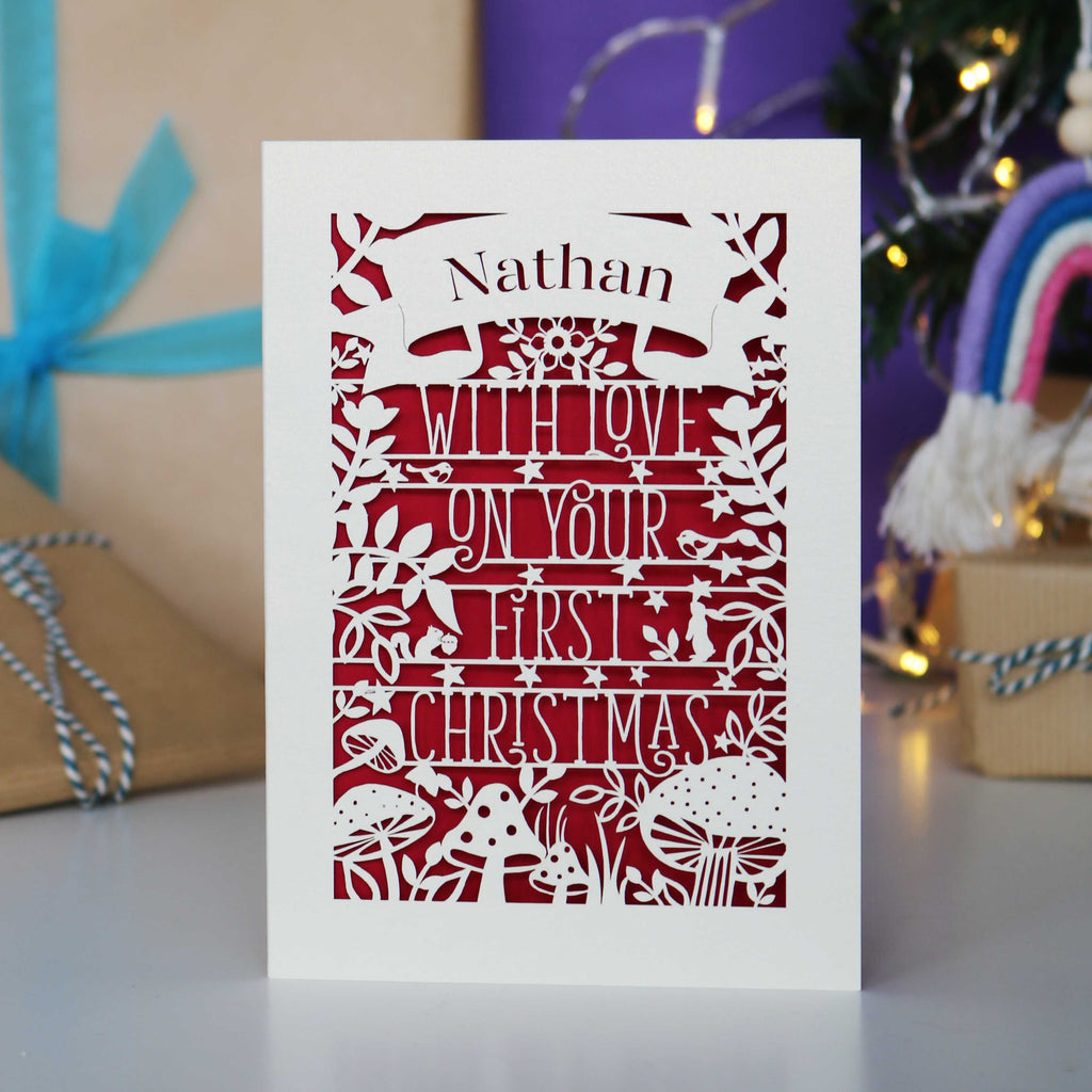 Personalised Woodland First Christmas Papercut Card