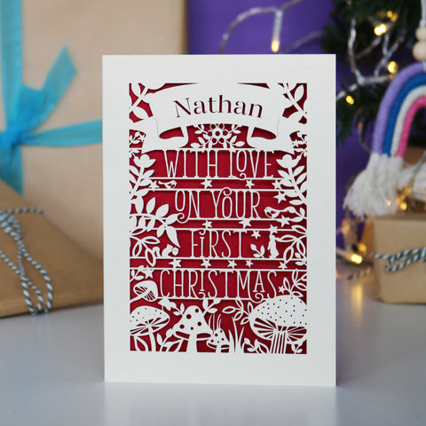 Personalised Woodland First Christmas Papercut Card - A6 (small) / Dark Red