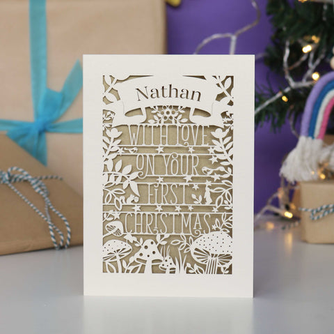 Personalised Woodland First Christmas Papercut Card - A6 (small) / Gold Leaf
