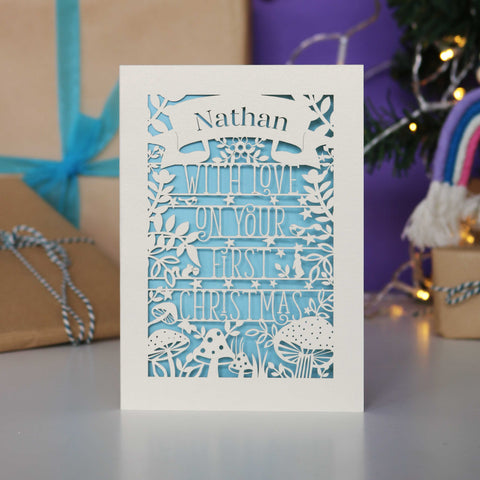 Personalised Woodland First Christmas Papercut Card - A6 (small) / Light Blue