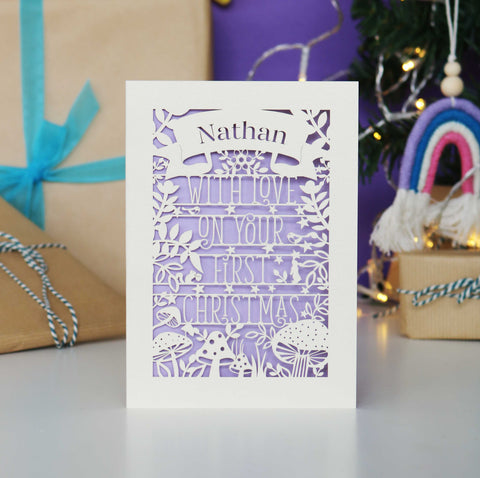 Personalised Woodland First Christmas Papercut Card - A6 (small) / Lilac