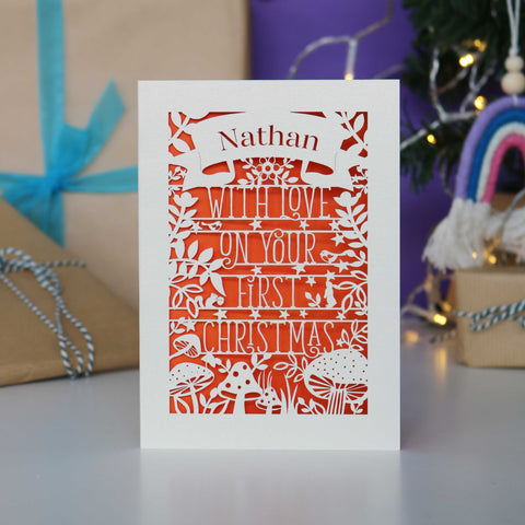 Personalised Woodland First Christmas Papercut Card - A6 (small) / Orange