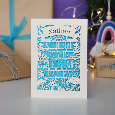Personalised Woodland First Christmas Papercut Card - A6 (small) / Peacock Blue
