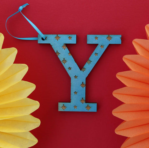 Assorted Letter Y Wooden Engraved Hanging Decorations - 6mm blue stars
