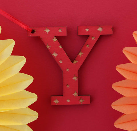 Assorted Letter Y Wooden Engraved Hanging Decorations - 6mm red stars