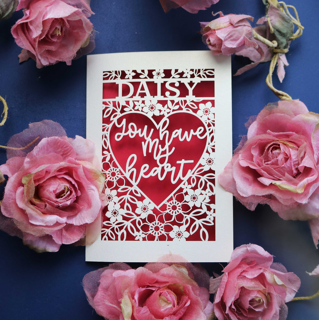 A personalised laser cut Valentines card that says "You have my heart"