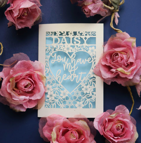 A personalised laser cut Valentine's card that says "You have my heart" - A5 / Light Blue