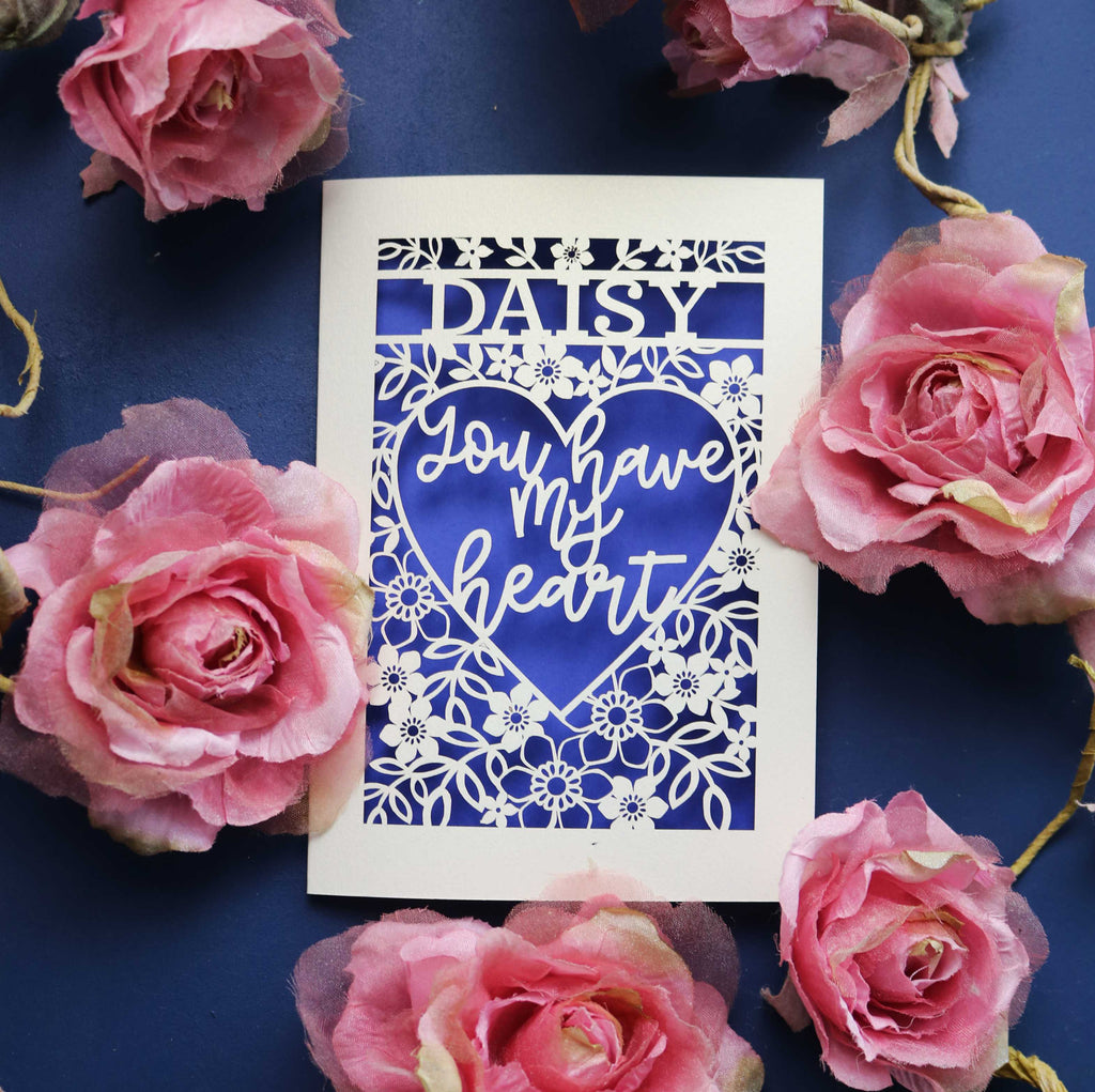 A personalised laser cut Valentine's card that says "You have my heart"